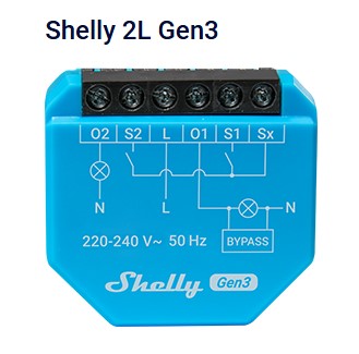 Interruptor inteligente de dos canales, para iluminación no requiere neutro, necesita un Shelly Bypass 1L/2L Gen3